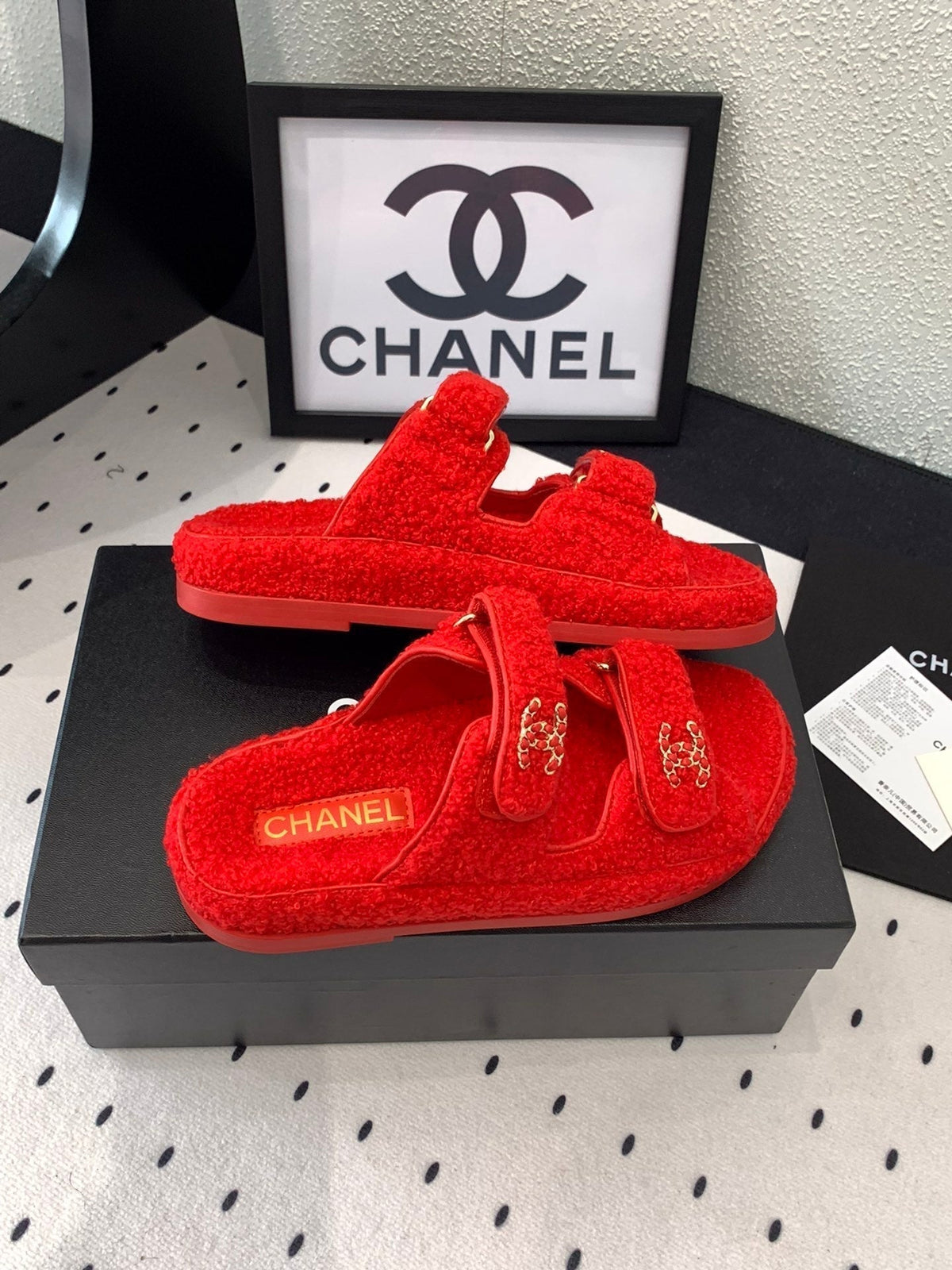 CHANEL DAD SANDAL MULE IN CRIMSON RED LAMB FUR
