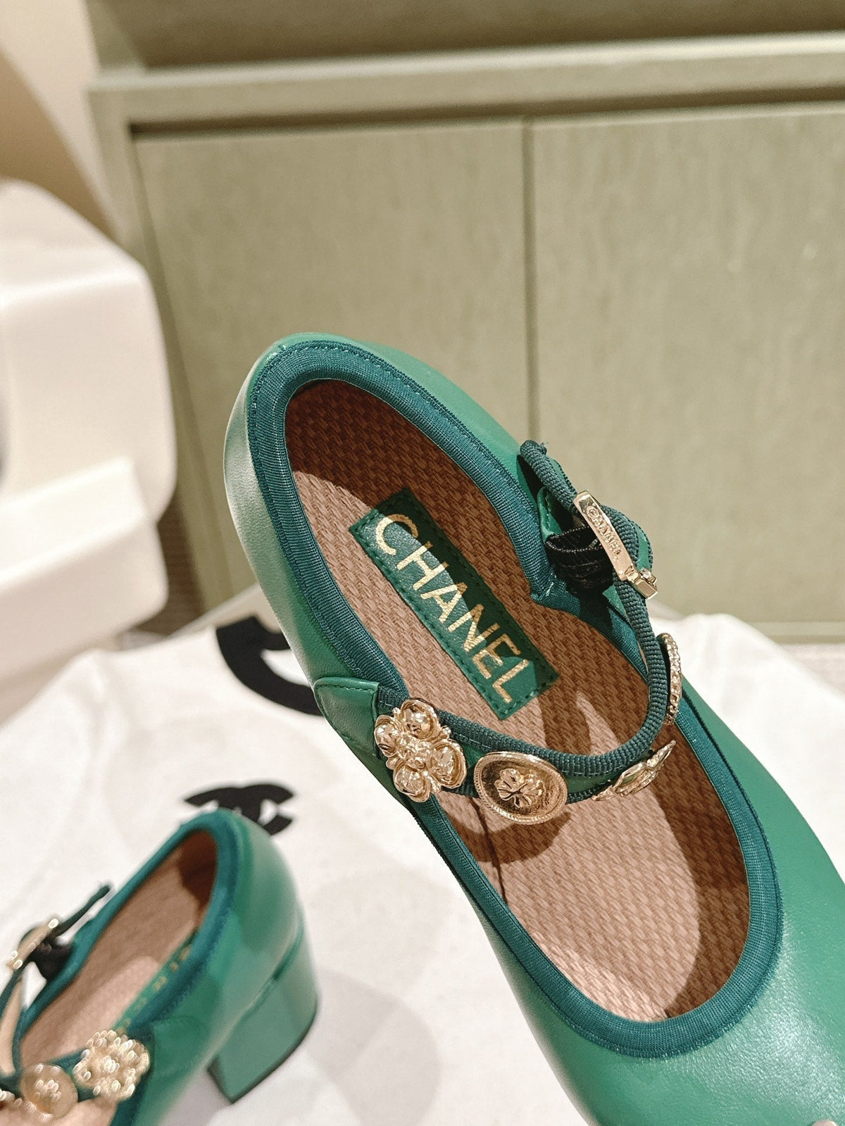 CHANEL HIGH MARY JANE SEA GREEN LAMBSKIN