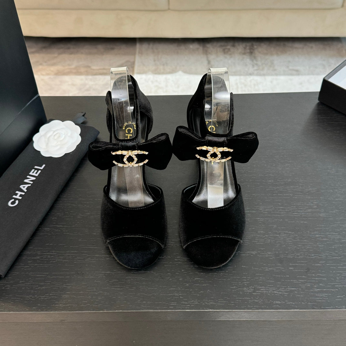 CHANEL HIGH SANDAL OPEN TOE IN BLACK VELVET