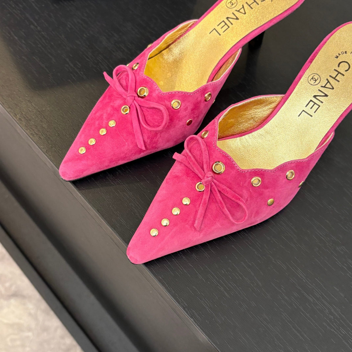 CHANEL HIGH HEEL MULE 65 MM IN DEEP PINK SUEDE