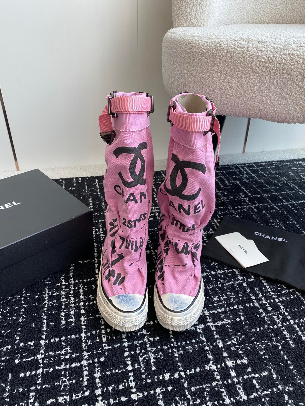 CHANEL HIGH BOOTS IN HOT PINK CANVAS