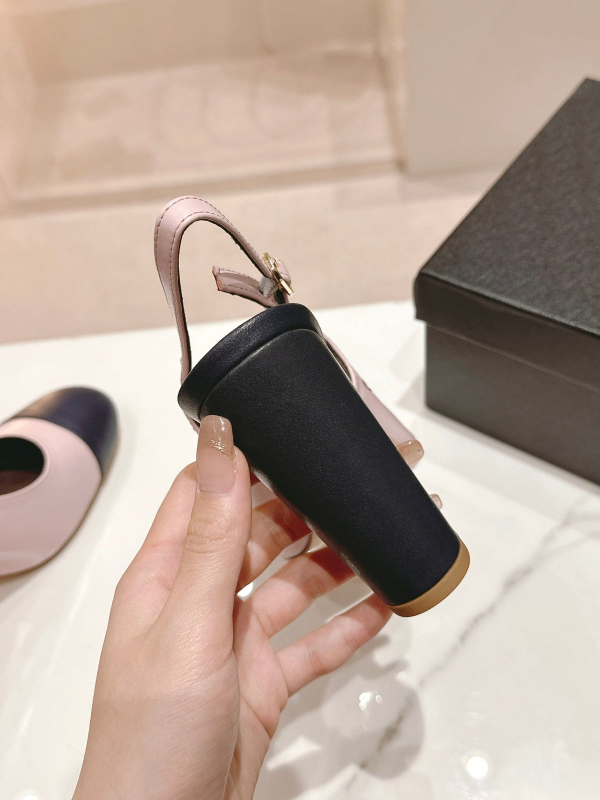 CHANEL HIGH SLINGBACKS LIGHT PINK MIX BLACK SHEEPSKIN