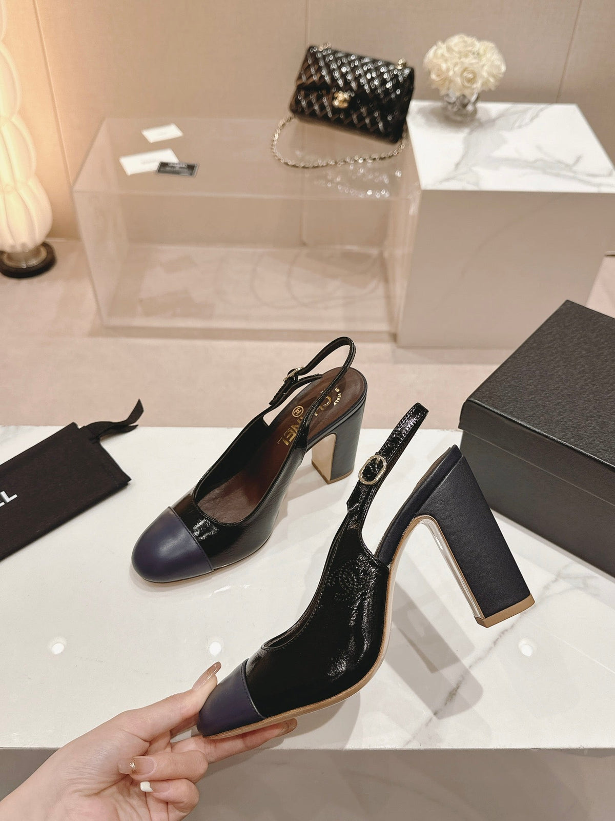 CHANEL HIGH SLINGBACKS BLACK MIX VIOLET SHEEPSKIN