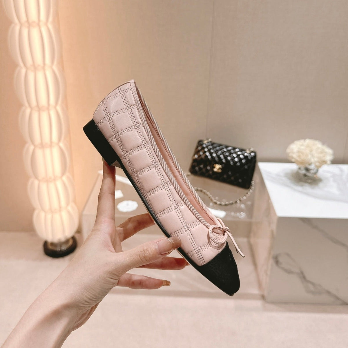 CHANEL Double C New Ballet Flats Light Pink Black Lambskin