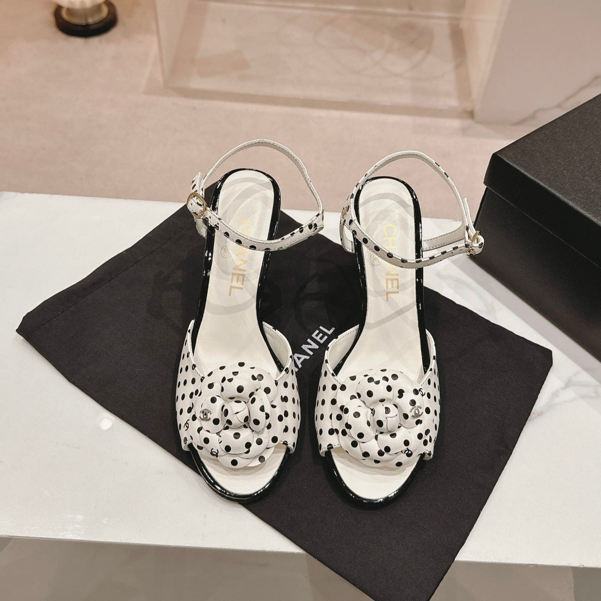 CHANEL Double C New Camellia High Heel Sandals White/ Black Caro
