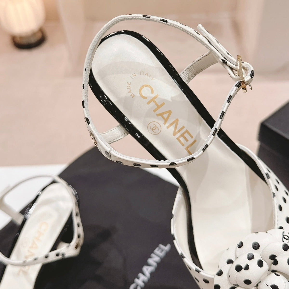 CHANEL Double C New Camellia High Heel Sandals White/ Black Caro