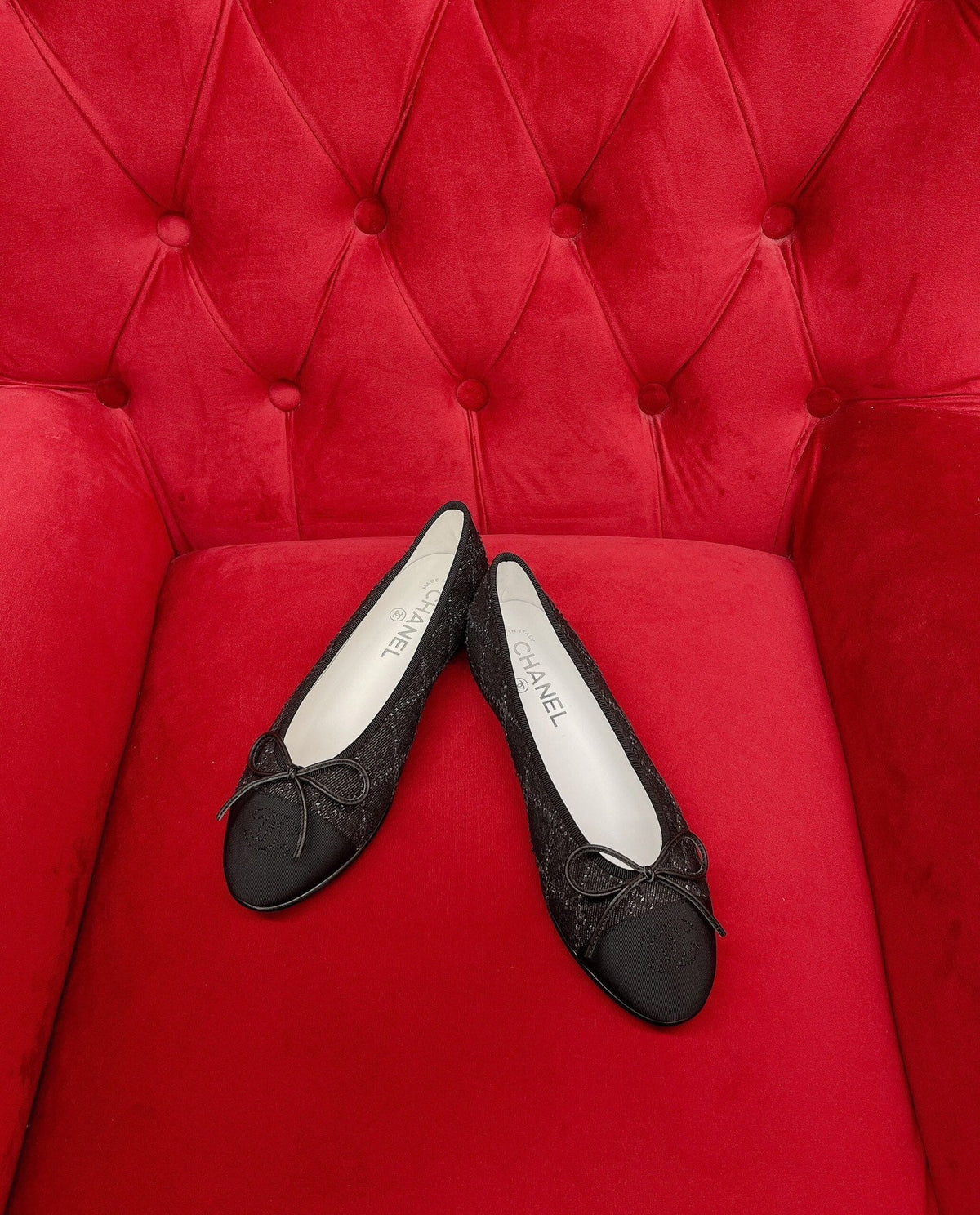 CHANEL ballet flat black denim grosgrain