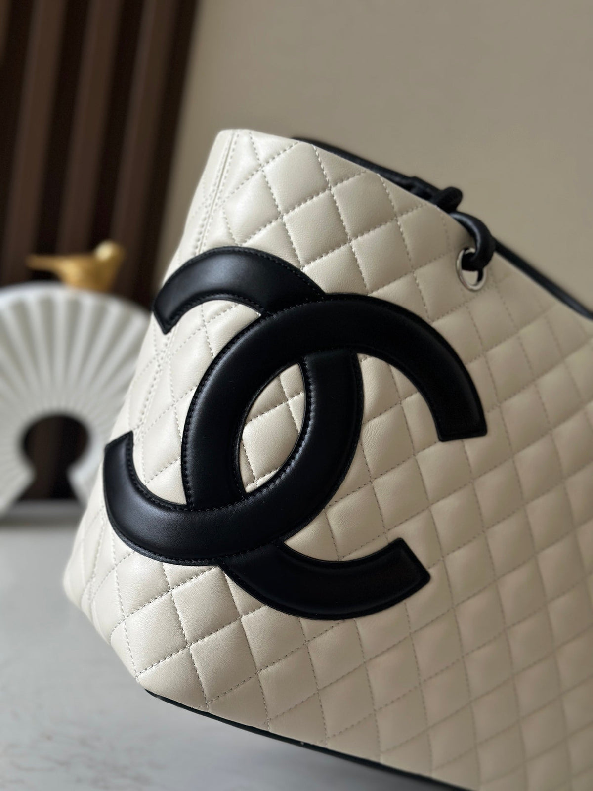 CHANEL 25S CAMBON LIGNE TOTE BAG 30 IN WHITE MIX BLACK CALFSKIN