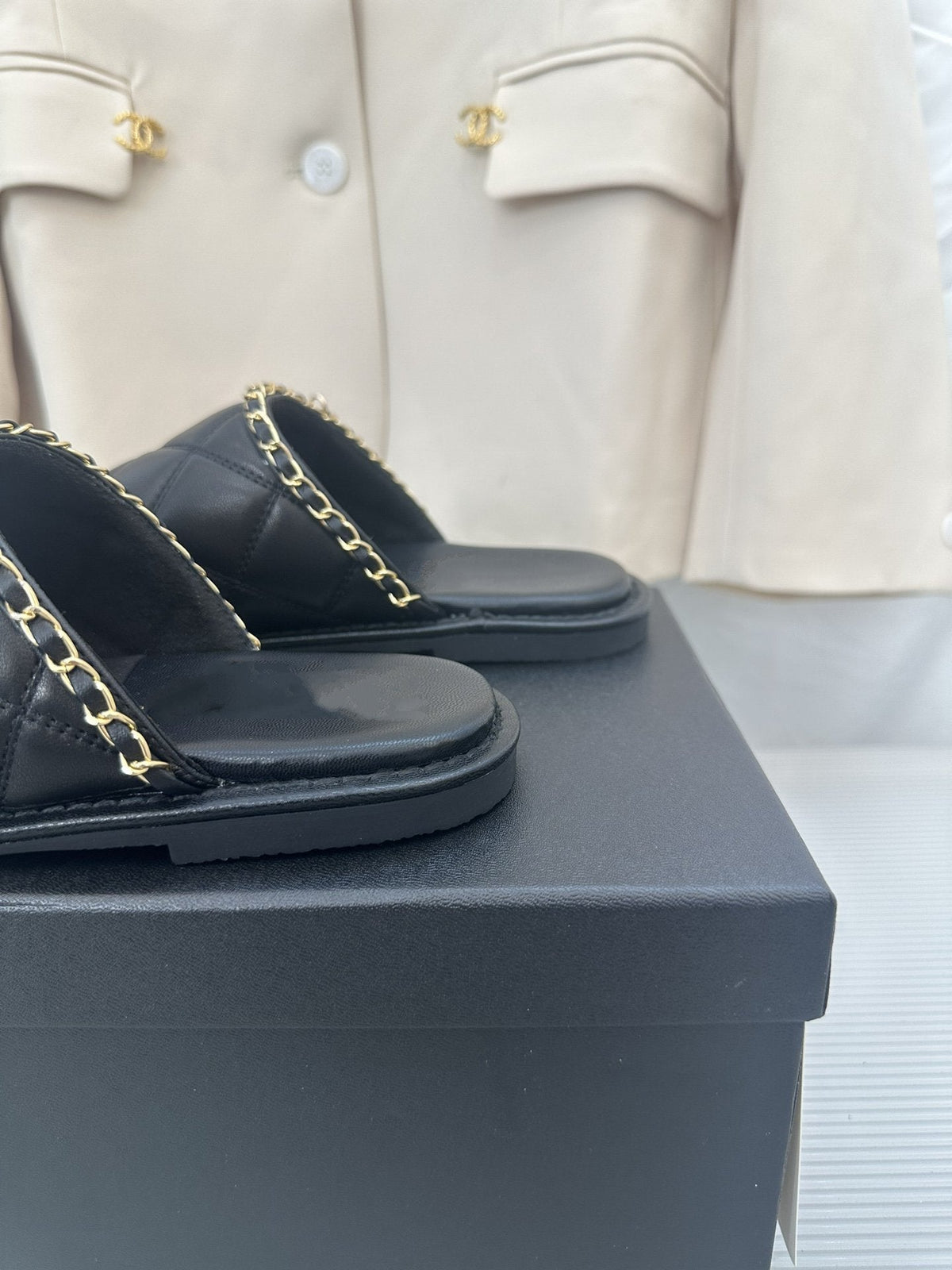 CHANEL Black Lambskin Gold Chain Mules