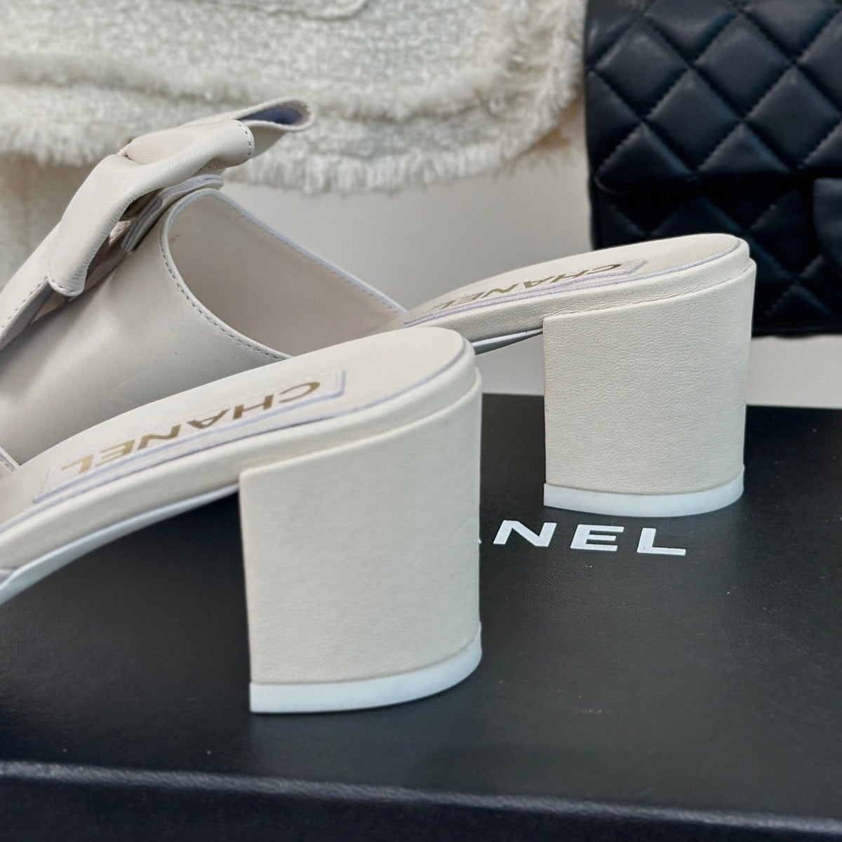 CHANEL Double  Big Bow High Heels Sheepskin White