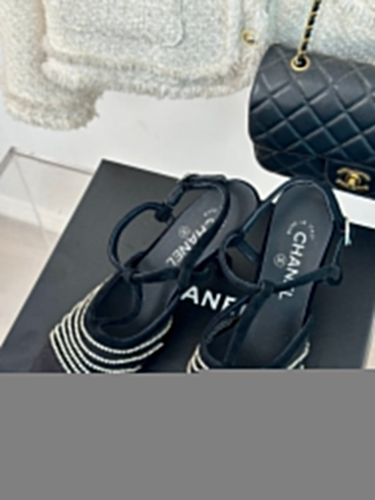 CHANEL Crystal Flat High Heel Sandals Black