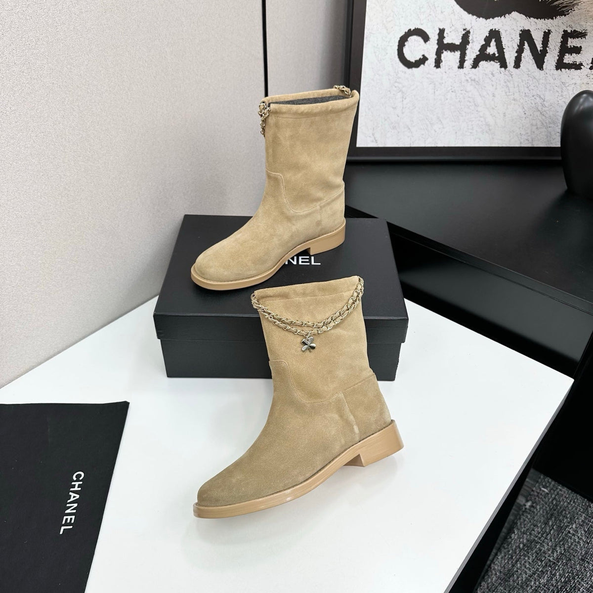 CHANEL 25S SHORT BOOTS IN LIGHT GOLD SUEDE SILVER HARDWARE